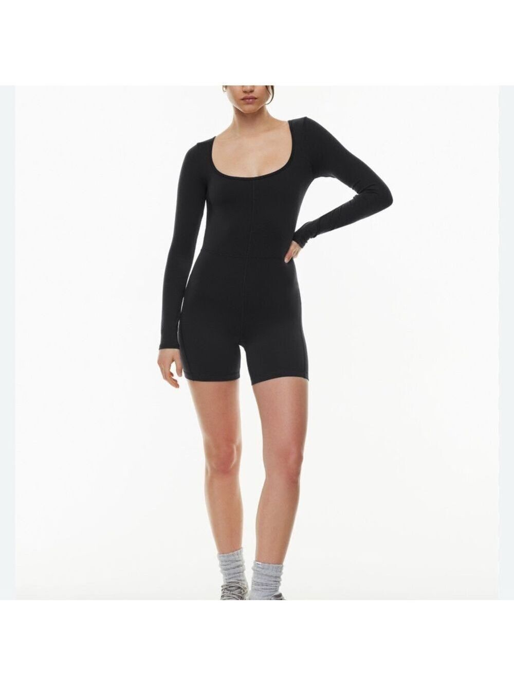 Zara Black Ribbed limitless long sleeve stretch scoop neck romper size large